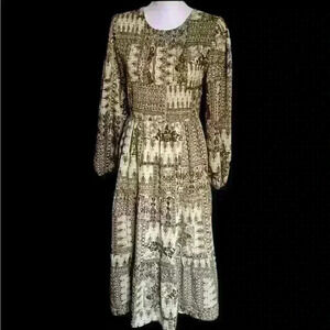 Cal Style. Ladies medium dress cream and brown. Patchwork Pattern.